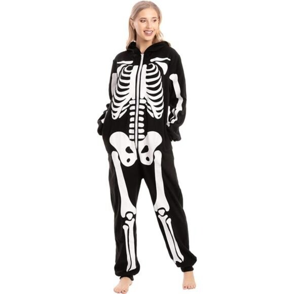Adult Skeleton Pajamas with a plush hoodie, perfect for Halloween-themed - Picture 5 of 8